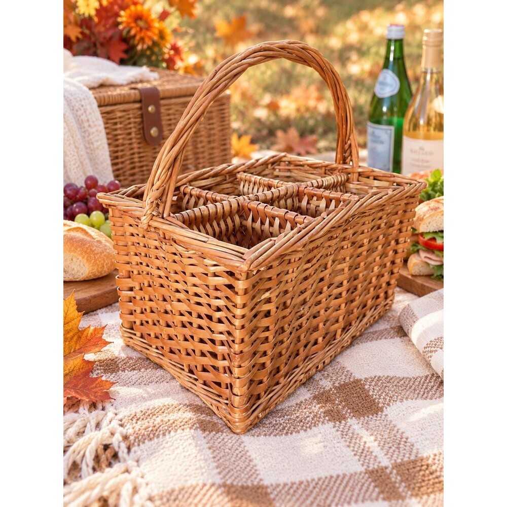 Wicker Divided Picnic Basket Wine Bottle Carrier Farmhouse Caddy